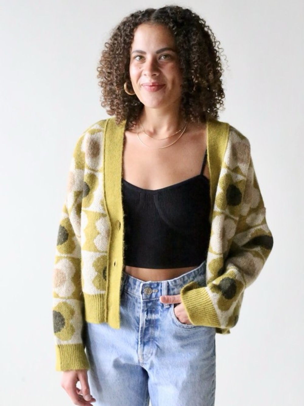 Olive Floral Pattern Knit Cardigan - Women